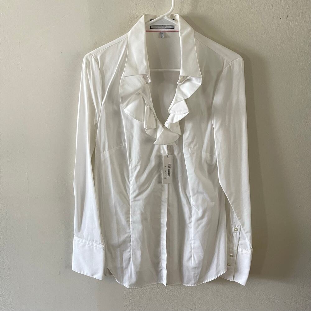Hawes & Curtis Boutique White Ruffle V-Neck Fitted Shirt Blouse Womens US 10 NWT
